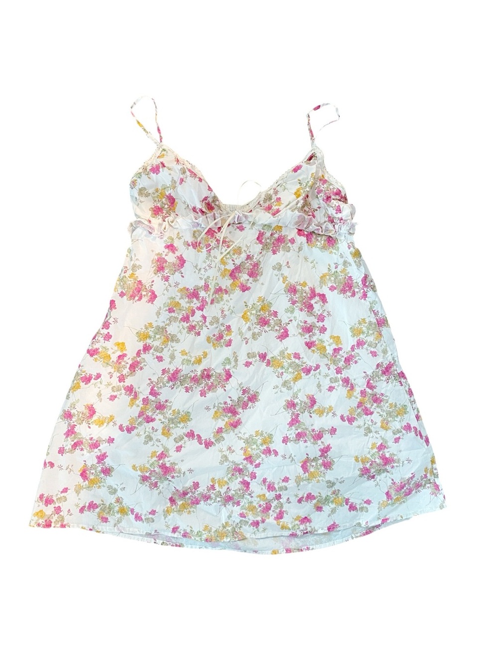 Louci Floral Babydoll Mini Dress With Ruffles and Bow 100% Cotton Size Medium